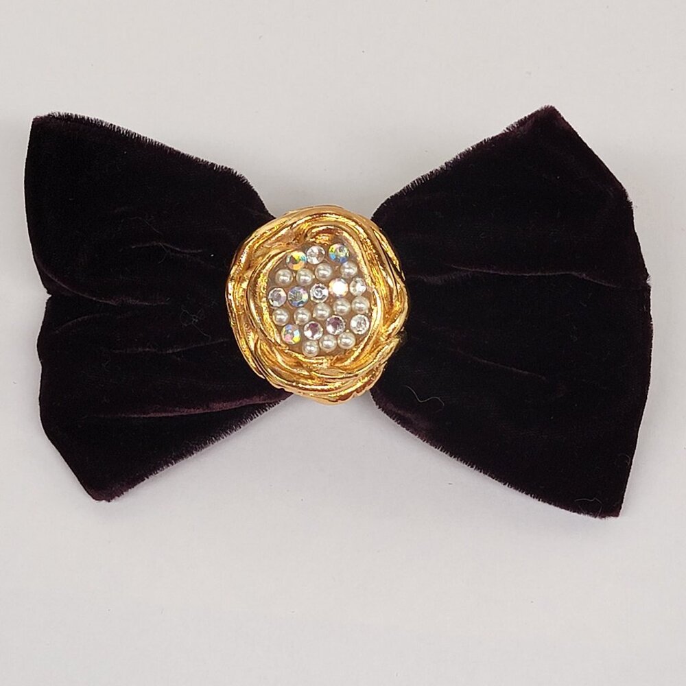 Large Made in France Hair Barrett Velour Bow, Gold-tone and Rhinestone Center